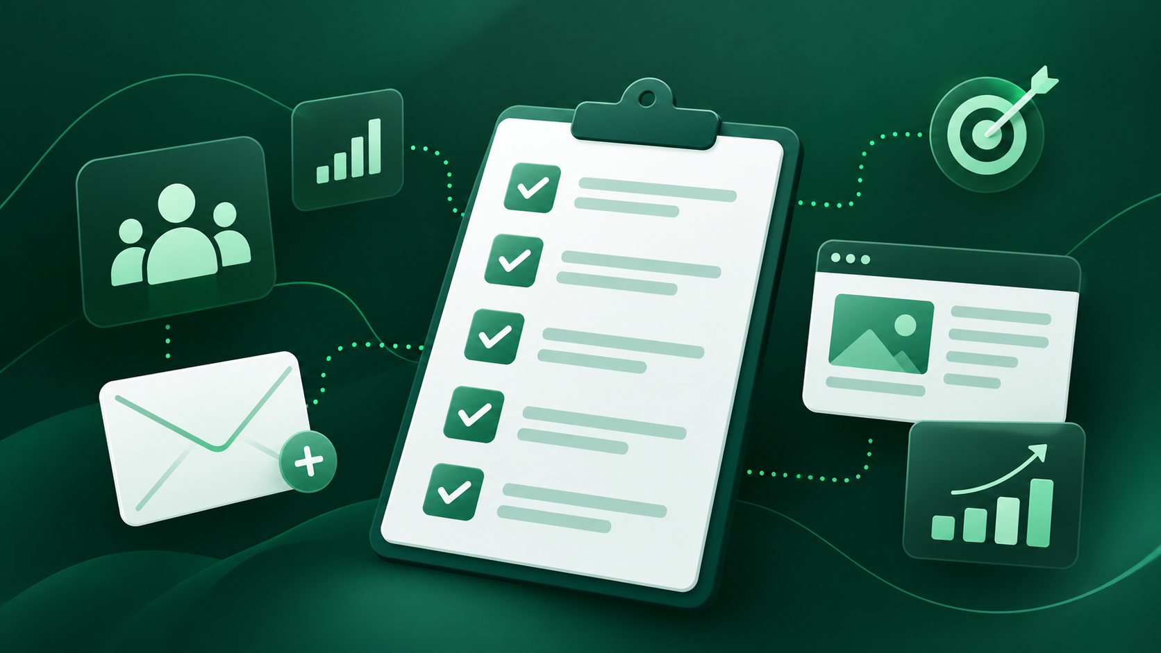 Illustration of a newsletter growth evaluation checklist with audience, email, and analytics icons.